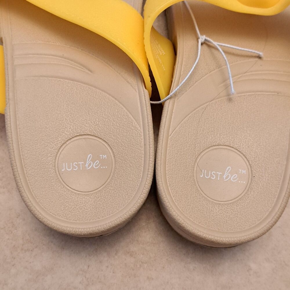 NEW Just Be Flip Flops Summer Shoes Tan And Yellow Size L 9-10 - Picture 2 of 4